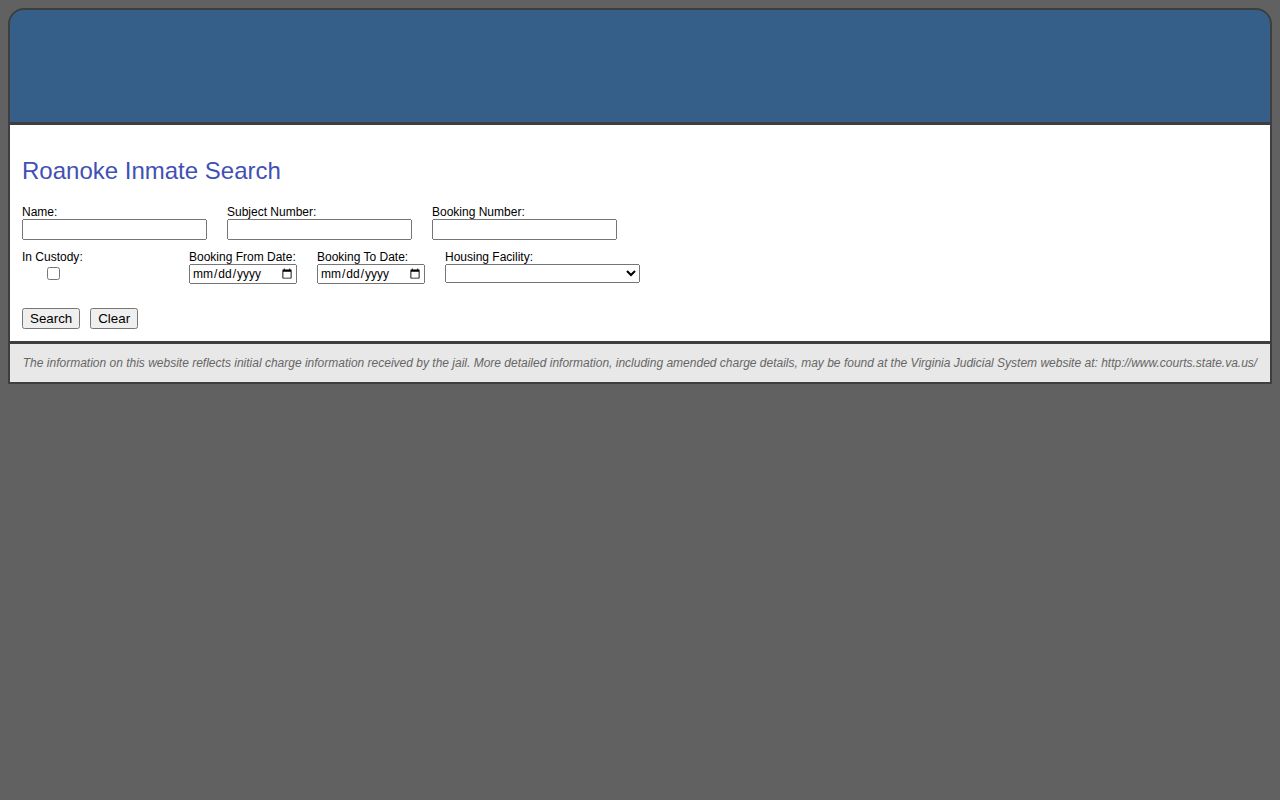 Roanoke County released inmate search with custody and booking date fields