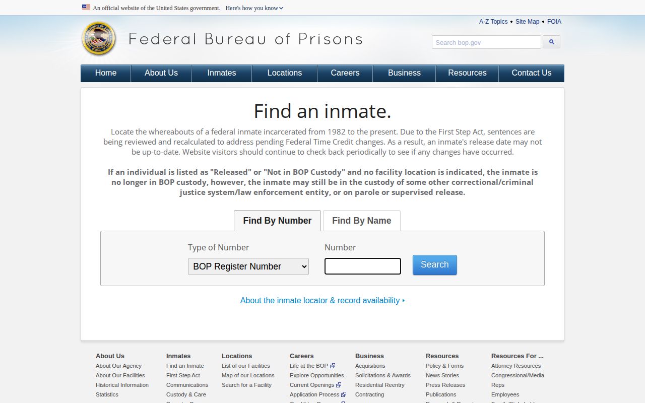 Federal Bureau of Prisons inmate locator and release field