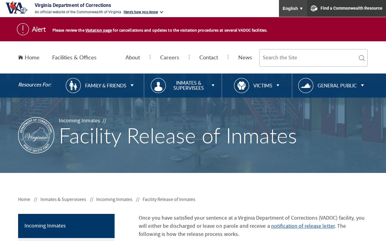 Virginia Department of Corrections facility release process
