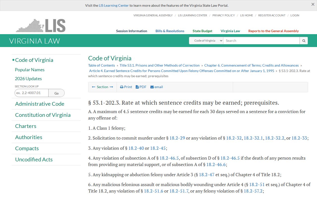 Virginia earned sentence credit rates affecting a Roanoke County projected release date